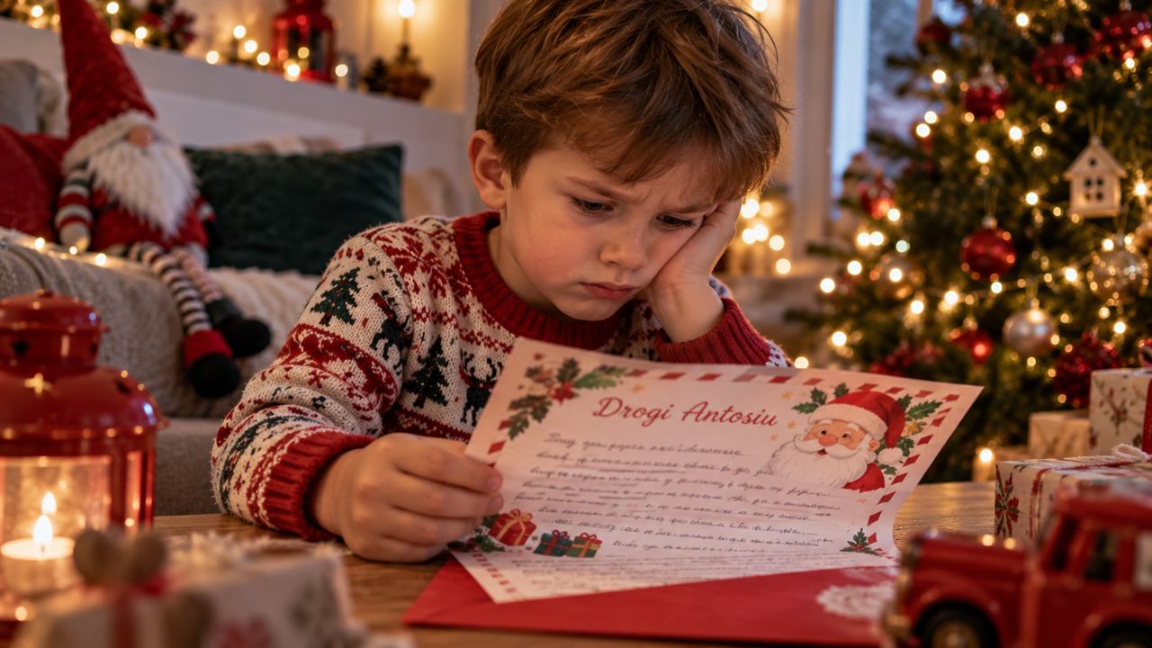 Zmartwiony chłopiec czyta list od Mikołaja przy choince