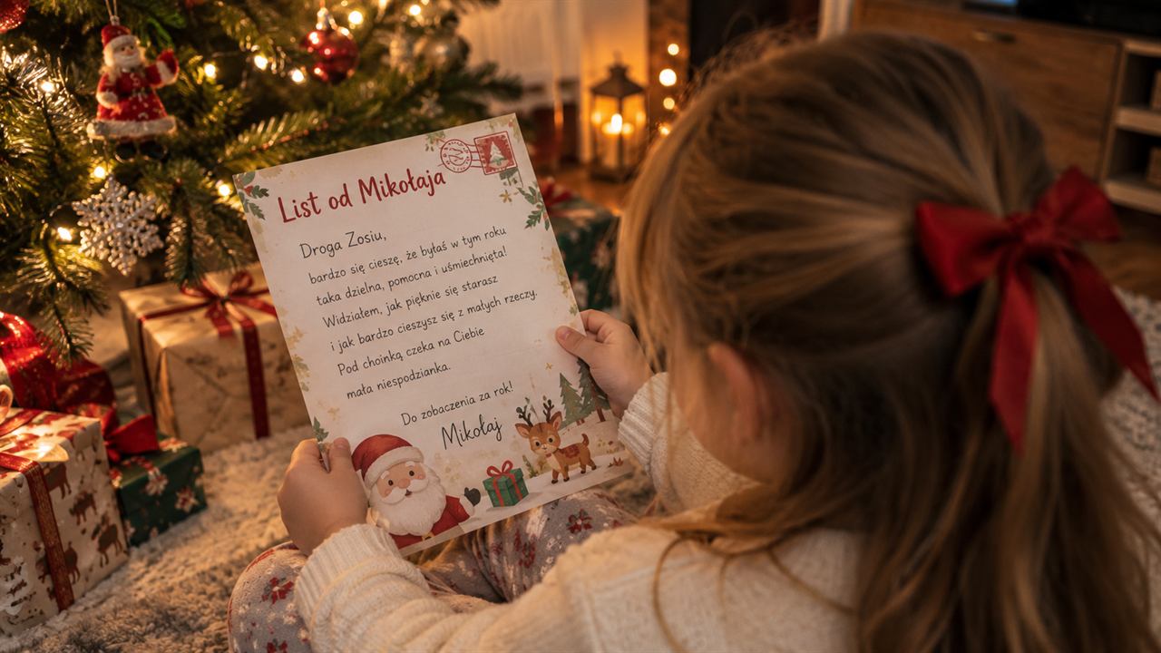 Dziewczynka czyta list od Mikołaja przy choince