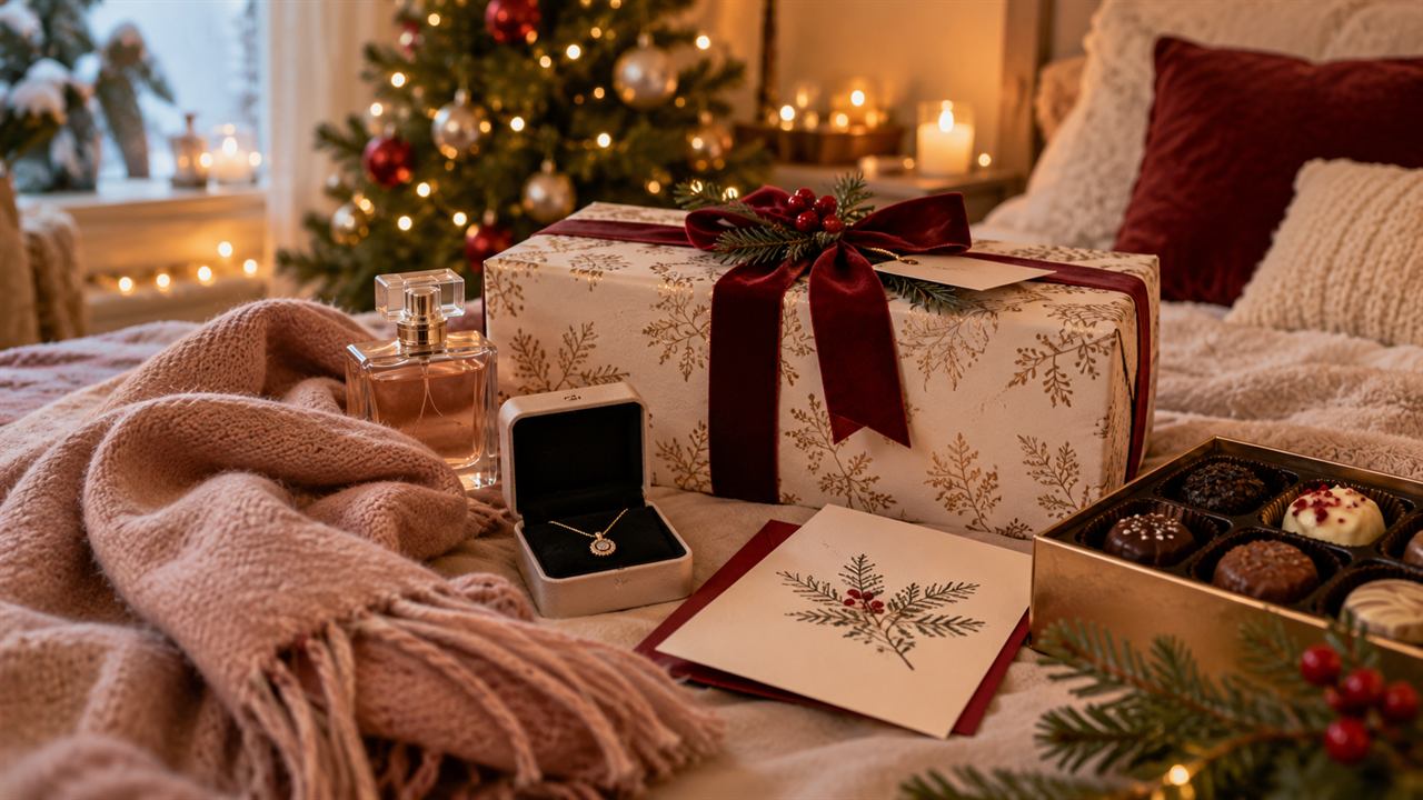 Prezent dla żony na Mikołaja: perfumy, naszyjnik, czekoladki i zapakowany upominek