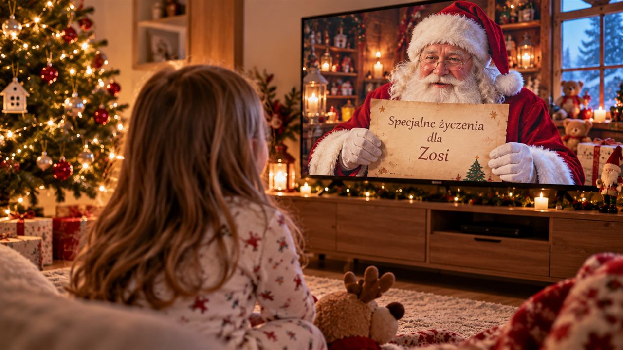 Mikołaj na ekranie telewizora pokazuje specjalne życzenia dla dziewczynki