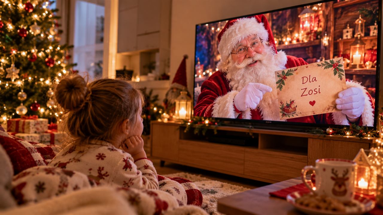 Dziewczynka ogląda na telewizorze Mikołaja z kartką z jej imieniem