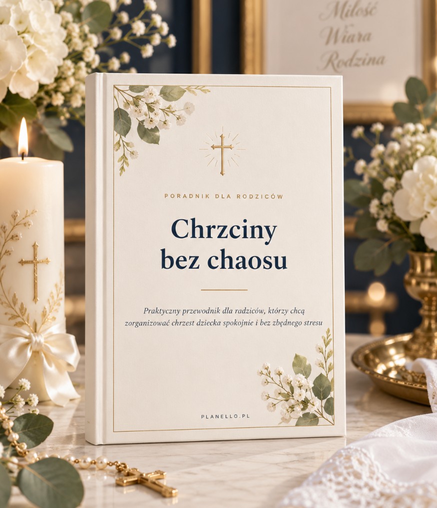 Okładka poradnika „Chrzciny bez chaosu” na stole ze świecą chrzcielną i różańcem