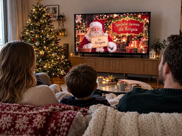 Dziecko ogląda personalizowany film od Mikołaja na telewizorze w salonie