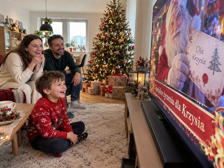 Chłopiec przed telewizorem, na którym Święty Mikołaj pokazuje kartkę z jego imieniem