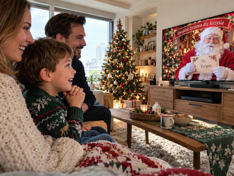 Zachwycony chłopiec ze złożonymi dłońmi patrzy na Mikołaja na ekranie telewizora, obok uśmiechnięci rodzice