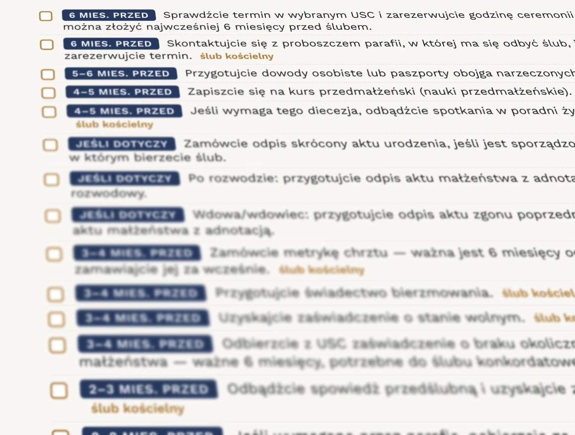 Zrzut ekranu checklisty formalności urzędowych i kościelnych