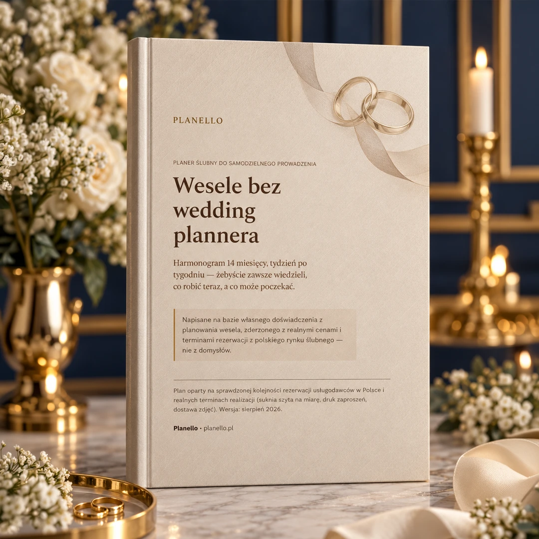 Okładka planera „Wesele bez wedding plannera” na stole z obrączkami i kwiatami