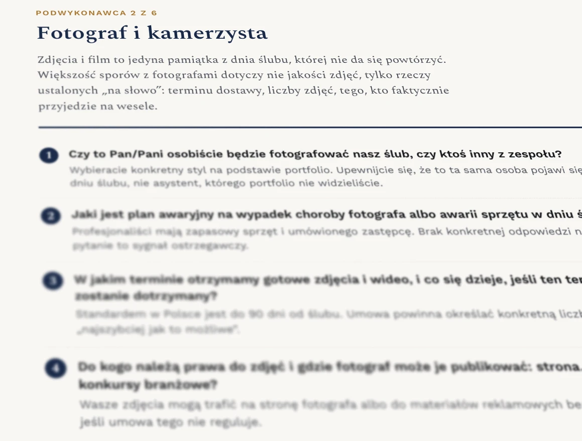 Zrzut ekranu listy pytań do fotografa i innych podwykonawców
