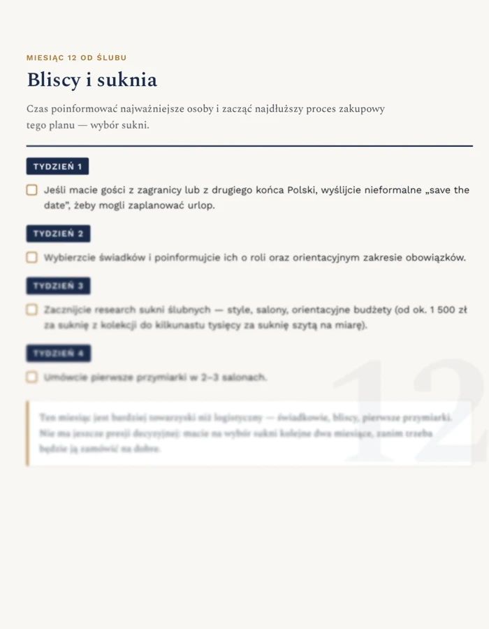 Zrzut strony harmonogramu — miesiąc 12 od ślubu, bliscy i suknia