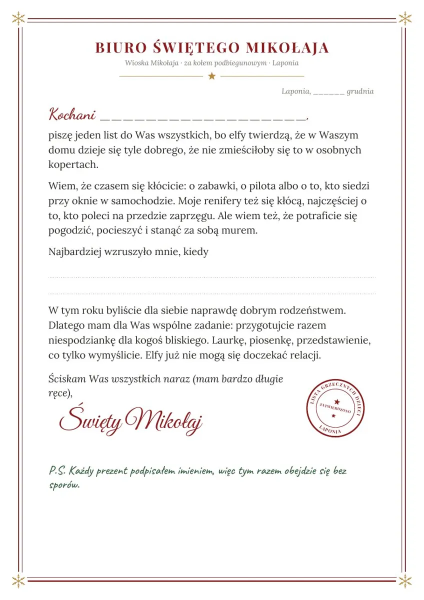 List od Świętego Mikołaja dla rodzeństwa do wydrukowania