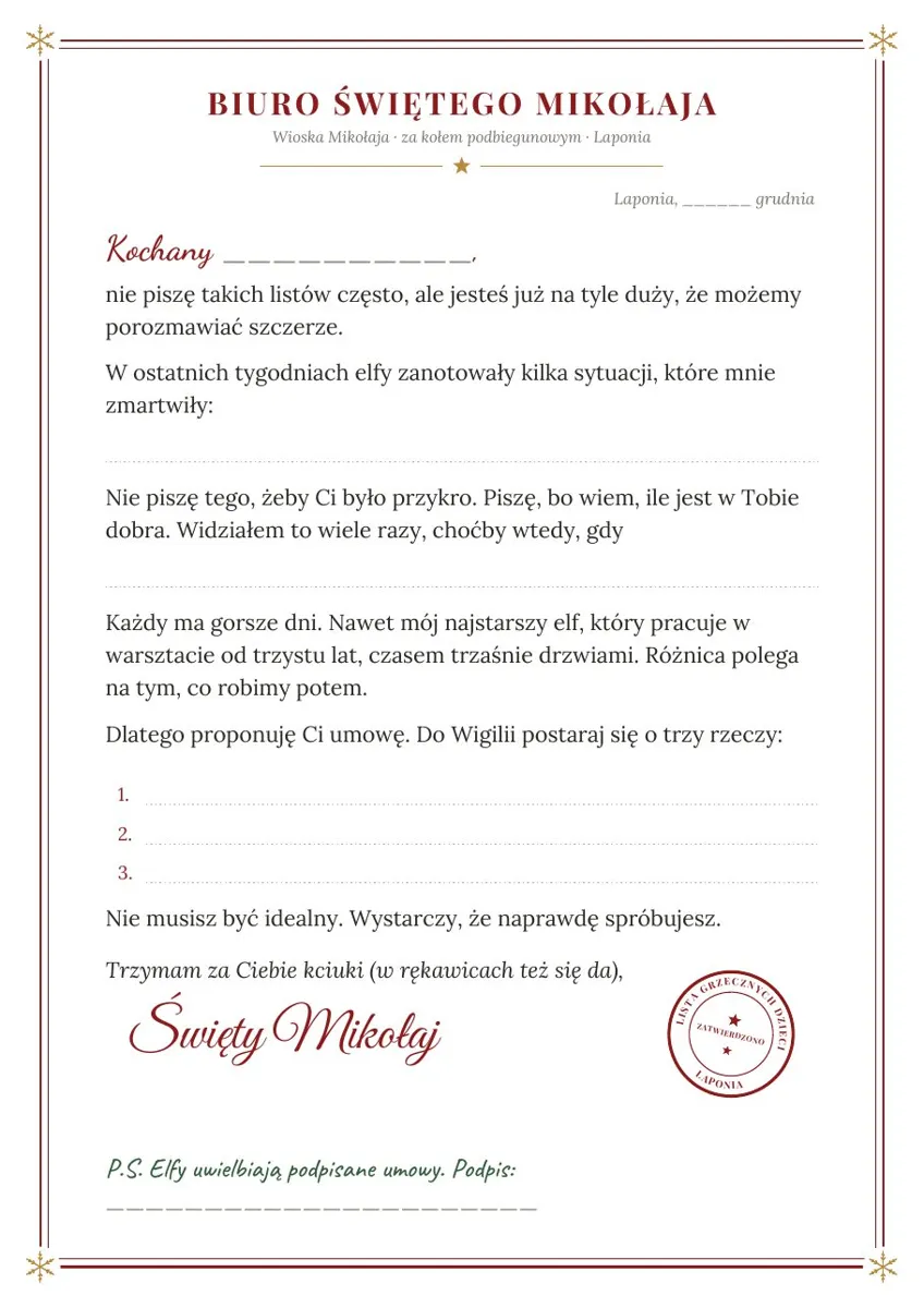 List od Mikołaja z umową dla starszego dziecka, wzór do druku dla chłopca