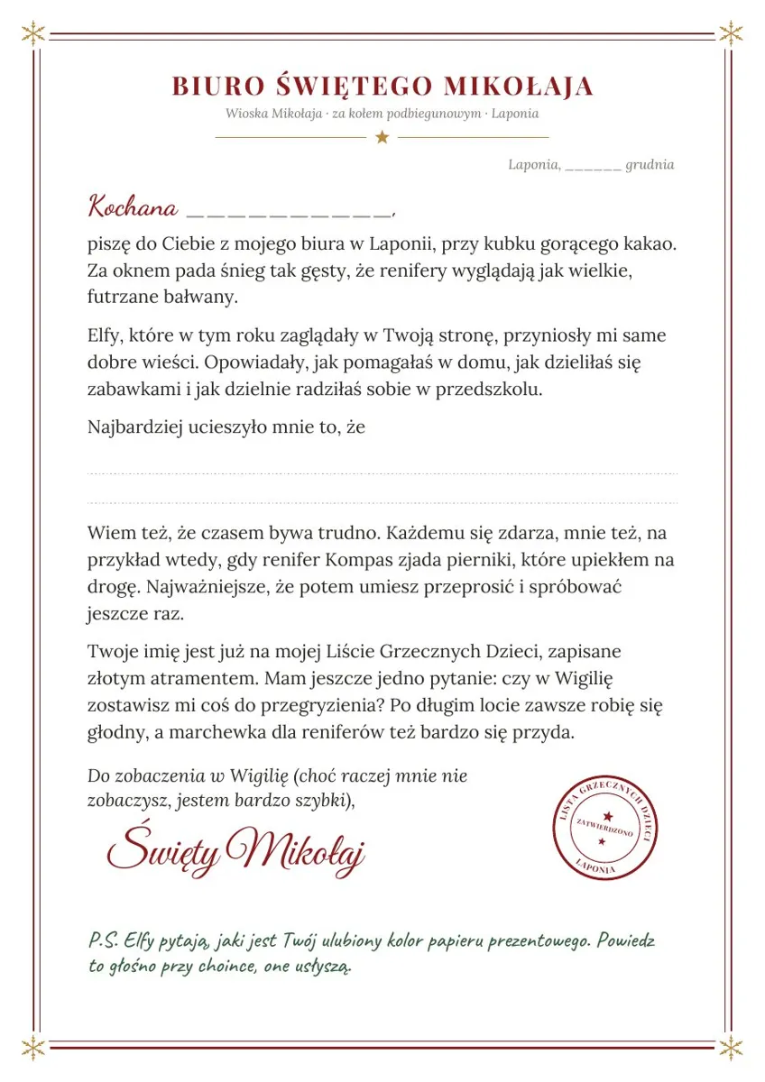 List od Mikołaja dla przedszkolaka 5-6 lat do wydrukowania, wersja dla dziewczynki