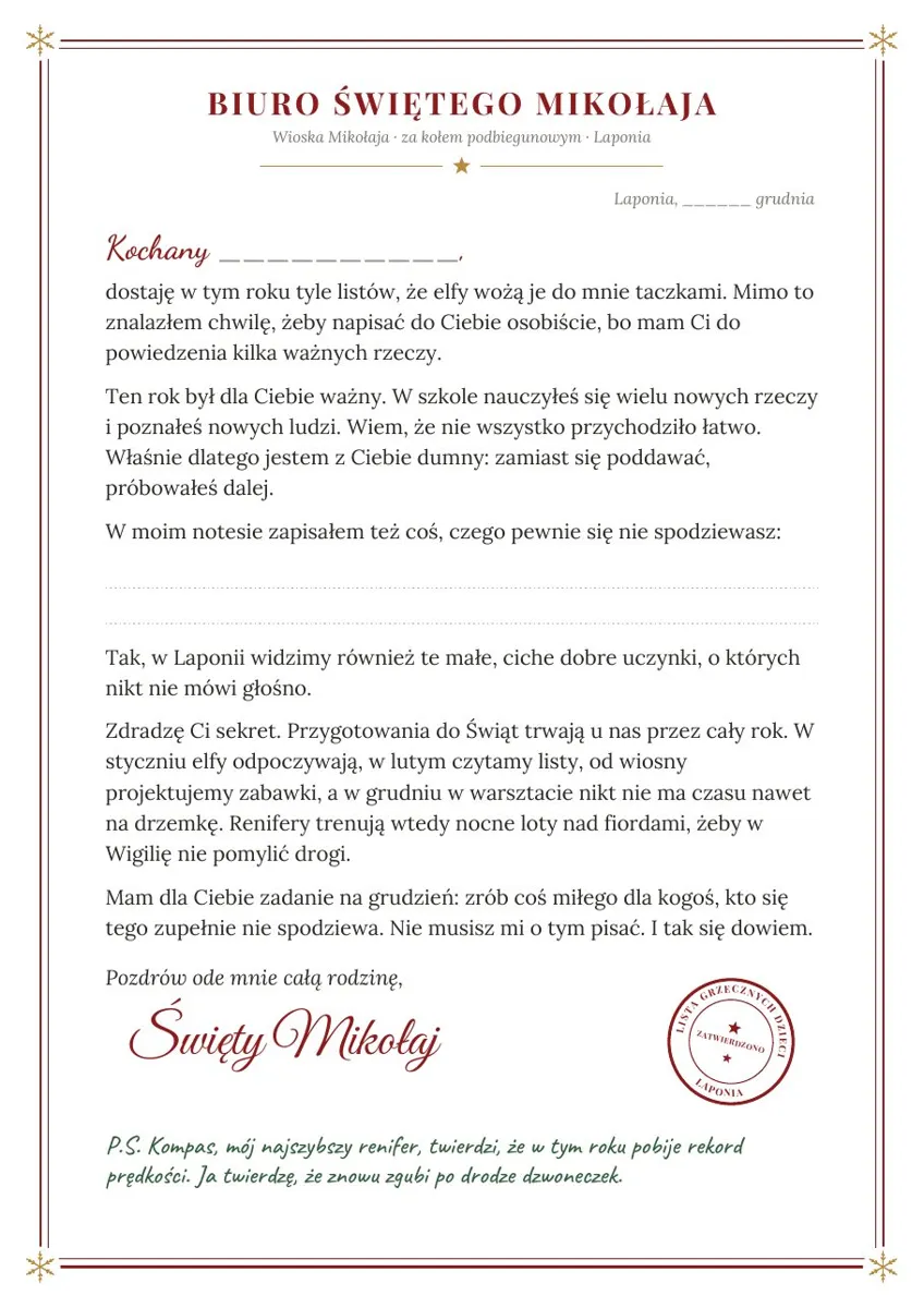 List od Świętego Mikołaja dla ucznia 7-8 lat, szablon PDF dla chłopca